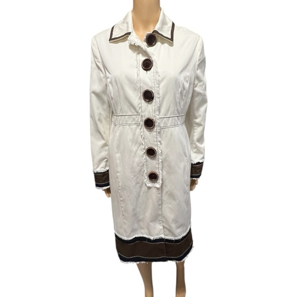 Boden Ivory Trench Coat with Brown & Navy Blue Accents Cute Fringe Size 12